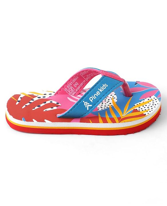Pine Kids Slip On Flip Flops with Tropical Print - Pink & Red