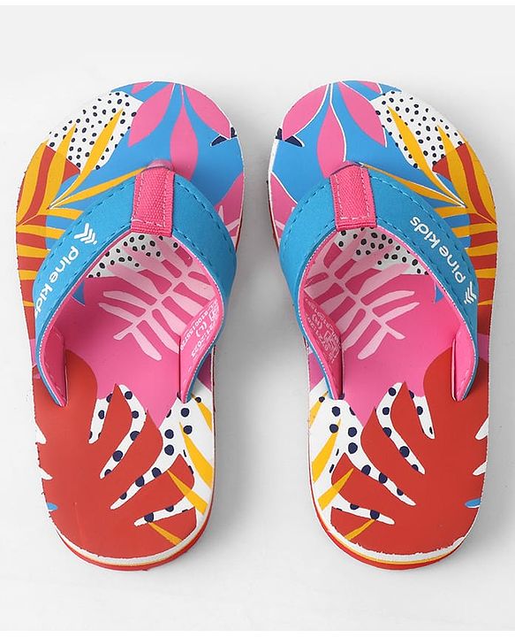 Pine Kids Slip On Flip Flops with Tropical Print - Pink & Red