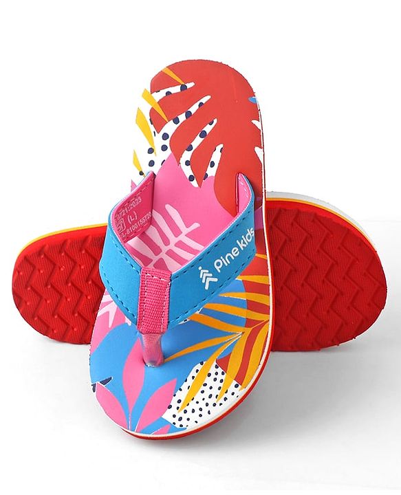 Pine Kids Slip On Flip Flops with Tropical Print - Pink & Red
