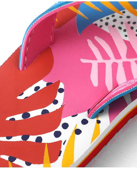 Pine Kids Slip On Flip Flops with Tropical Print - Pink & Red
