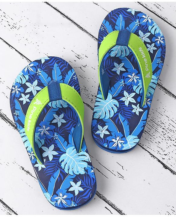 Pine Kids Slip On Flip Flops with Floral Print - Blue