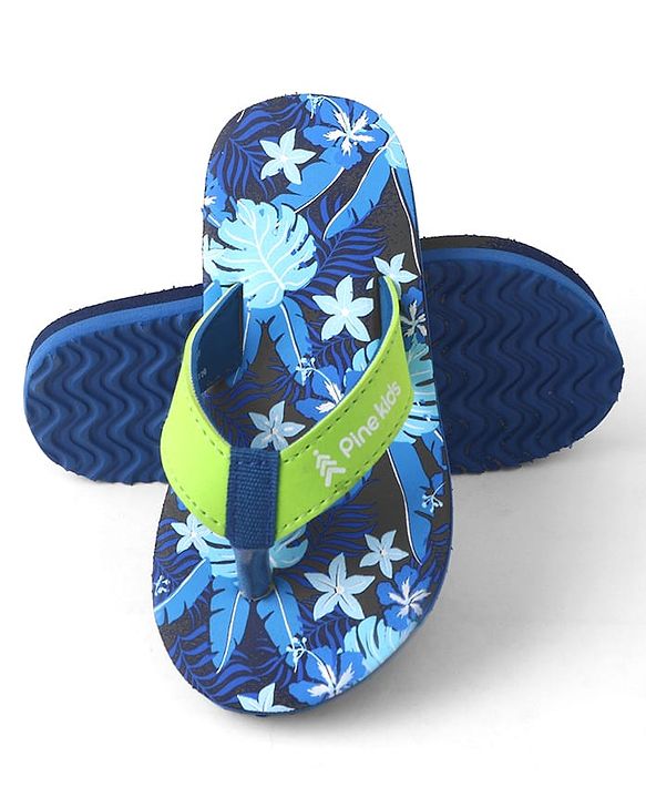 Pine Kids Slip On Flip Flops with Floral Print - Blue