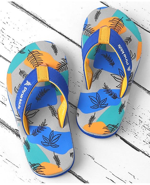 Pine Kids Slip On Flip Flops with Safari Print - Grey & Blue