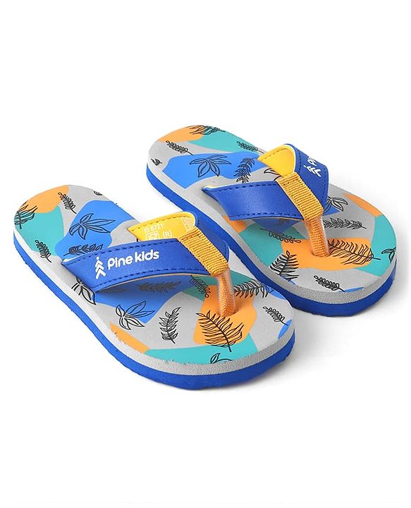 Pine Kids Slip On Flip Flops with Safari Print - Grey & Blue
