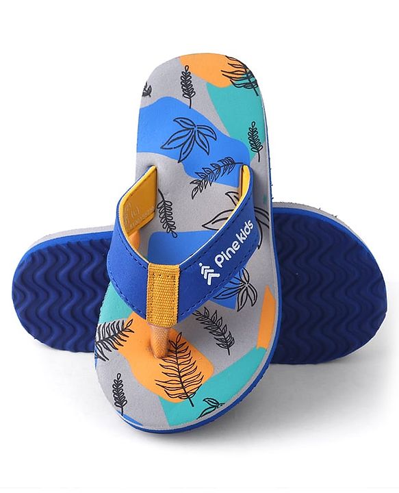 Pine Kids Slip On Flip Flops with Safari Print - Grey & Blue
