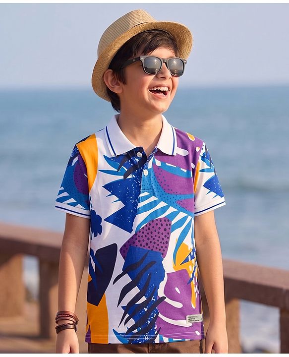 Pine Kids Cotton Knit Half Sleeves Polo T-Shirt with Tropical Print - Purple & White