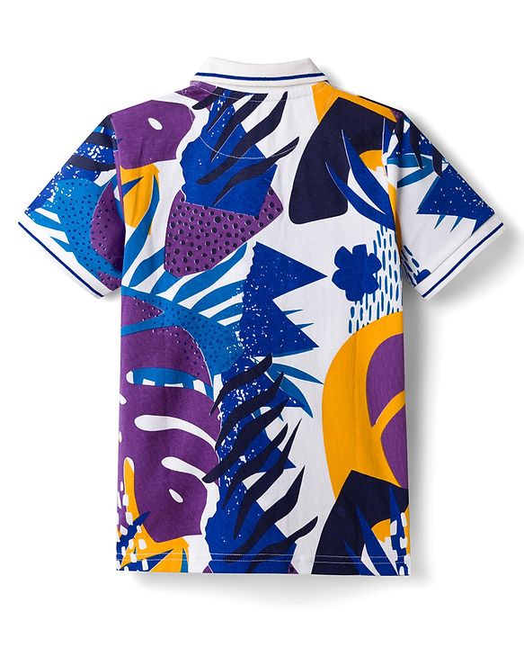 Pine Kids Cotton Knit Half Sleeves Polo T-Shirt with Tropical Print - Purple & White