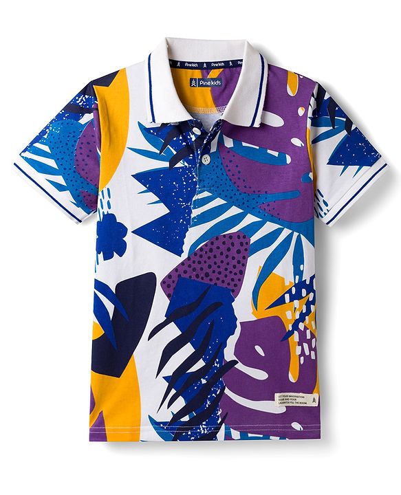 Pine Kids Cotton Knit Half Sleeves Polo T-Shirt with Tropical Print - Purple & White