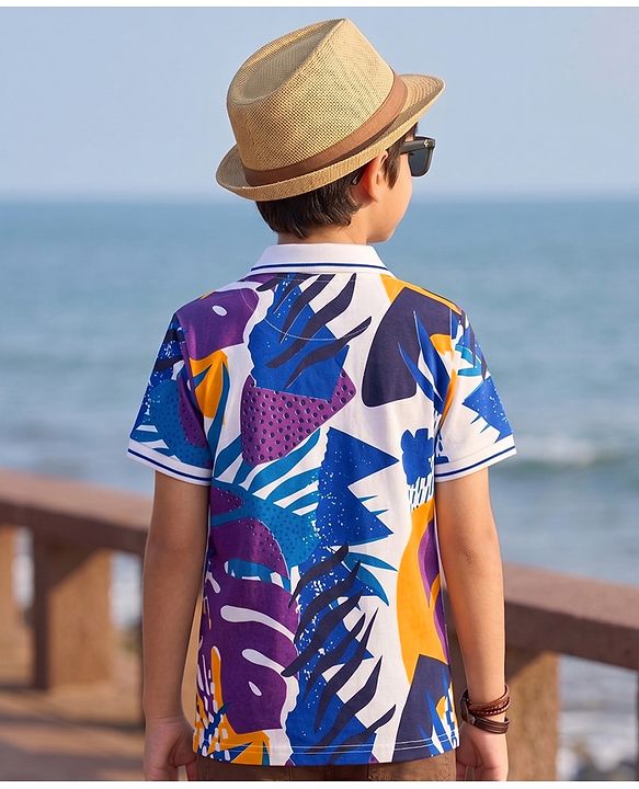 Pine Kids Cotton Knit Half Sleeves Polo T-Shirt with Tropical Print - Purple & White
