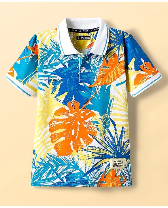 Pine Kids Cotton Knit Half Sleeves Polo T-Shirt with Leaves Print - White
