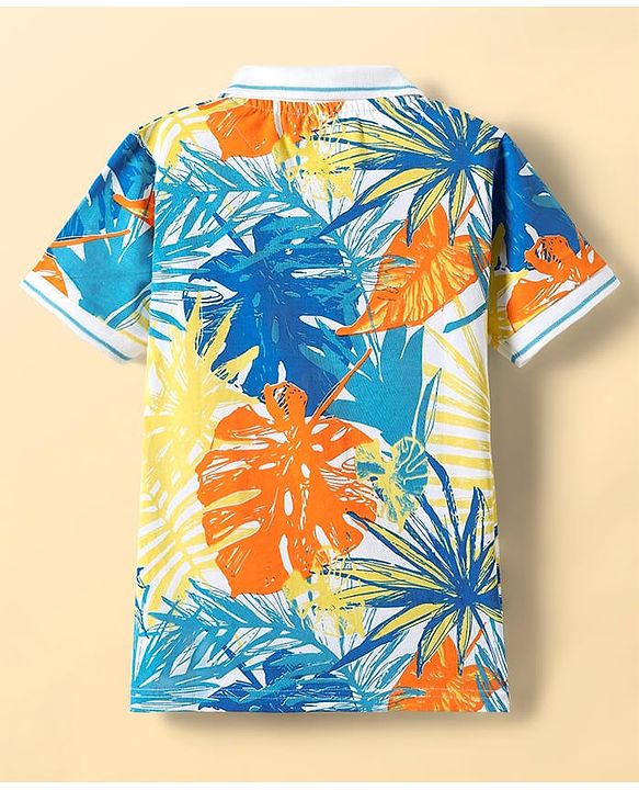 Pine Kids Cotton Knit Half Sleeves Polo T-Shirt with Leaves Print - White