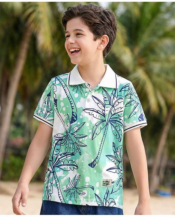 Pine Kids Cotton Knit Half Sleeves Polo T-Shirt With Tropical Print - Light Green & White