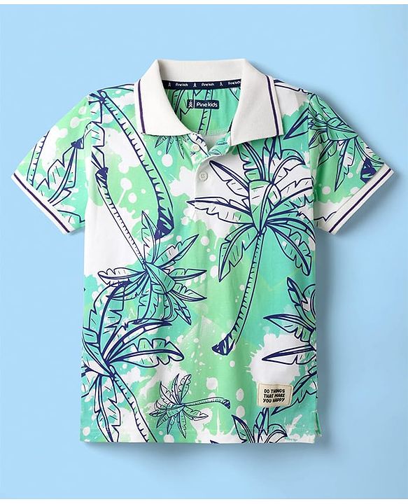 Pine Kids Cotton Knit Half Sleeves Polo T-Shirt With Tropical Print - Light Green & White
