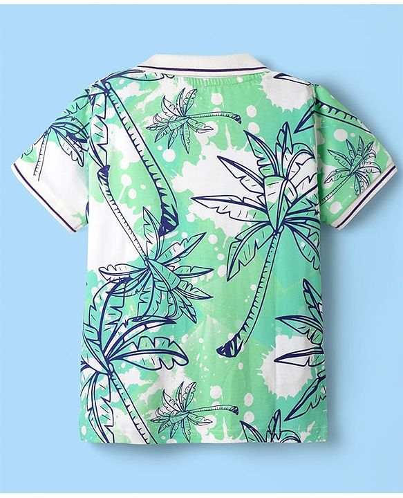 Pine Kids Cotton Knit Half Sleeves Polo T-Shirt With Tropical Print - Light Green & White