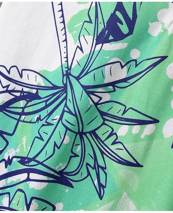 Pine Kids Cotton Knit Half Sleeves Polo T-Shirt With Tropical Print - Light Green & White