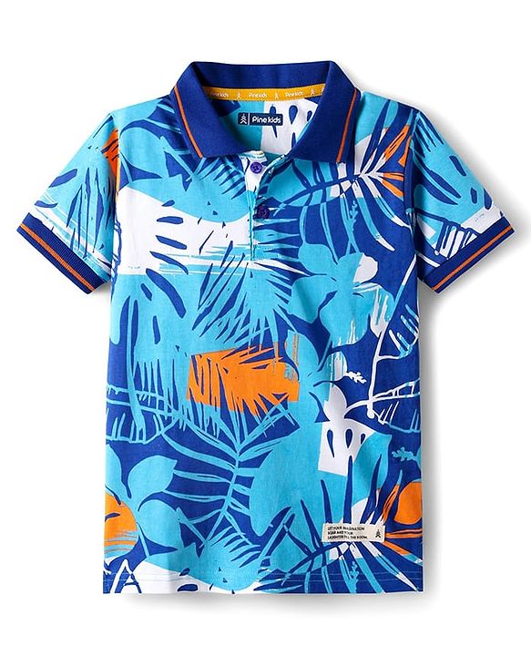 Pine Kids Cotton Knit Polo T-Shirt With Tropical Print - Blue