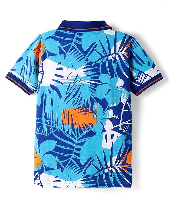 Pine Kids Cotton Knit Polo T-Shirt With Tropical Print - Blue