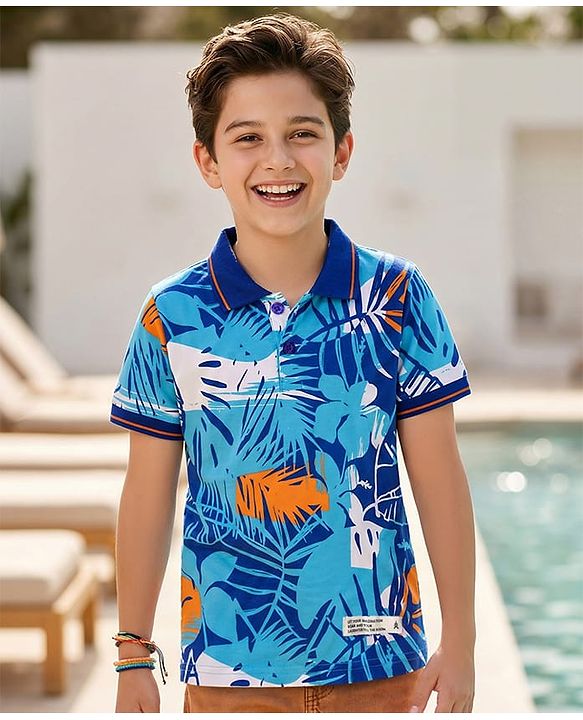 Pine Kids Cotton Knit Polo T-Shirt With Tropical Print - Blue