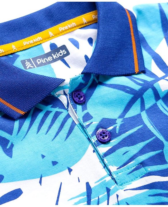 Pine Kids Cotton Knit Polo T-Shirt With Tropical Print - Blue