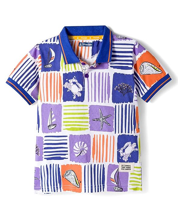 Pine Kids Cotton Knit Half Sleeves Polo T-Shirt With Sea Life Print - White & Blue