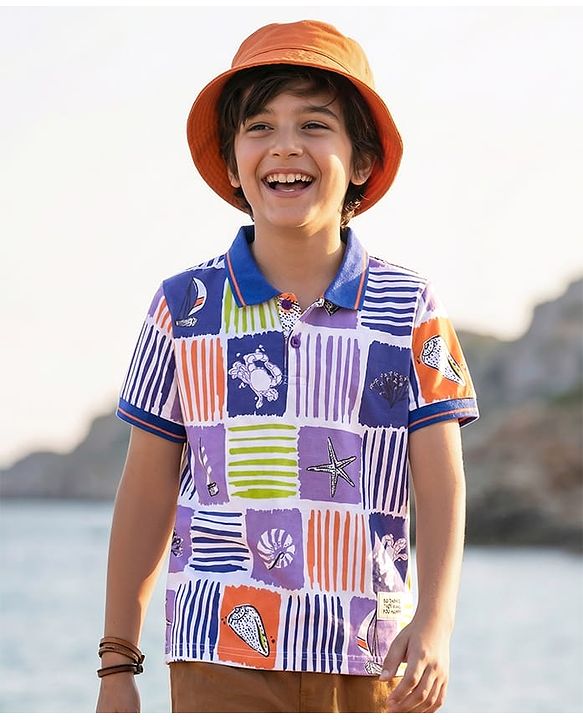 Pine Kids Cotton Knit Half Sleeves Polo T-Shirt With Sea Life Print - White & Blue