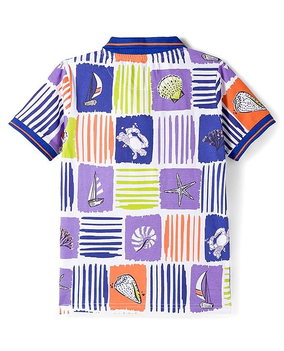 Pine Kids Cotton Knit Half Sleeves Polo T-Shirt With Sea Life Print - White & Blue