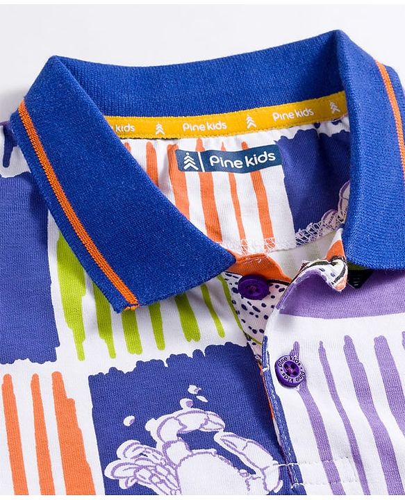 Pine Kids Cotton Knit Half Sleeves Polo T-Shirt With Sea Life Print - White & Blue