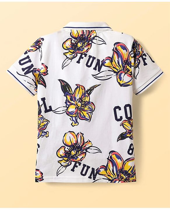 Pine Kids Cotton Knit Half Sleeves Polo T-Shirt with Floral Print - White
