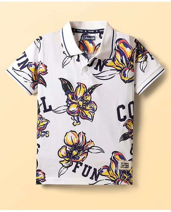 Pine Kids Cotton Knit Half Sleeves Polo T-Shirt with Floral Print - White