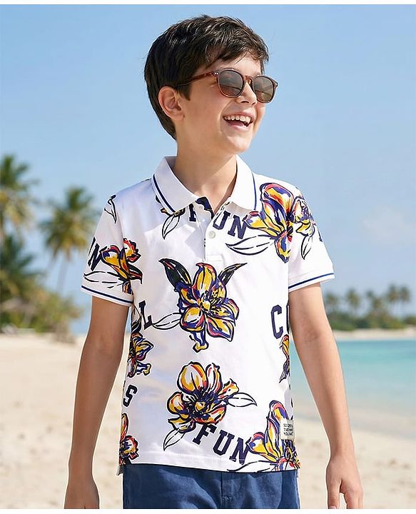 Pine Kids Cotton Knit Half Sleeves Polo T-Shirt with Floral Print - White