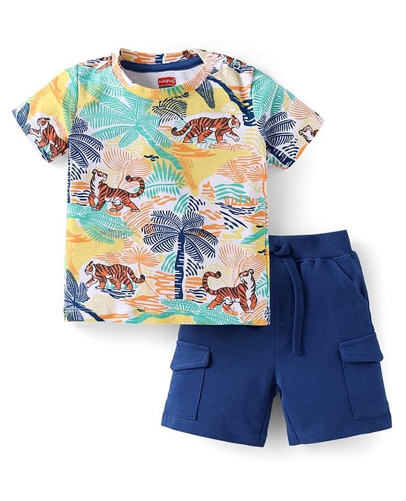 Babyhug Single Jersey Knit Half Sleeves T-Shirt & Shorts Set With Tiger Print - Blue