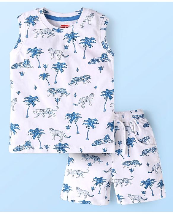 Babyhug Single Jersey Knit Sleeveless Tank T-Shirt & Shorts Set with Jungle Theme Print - White