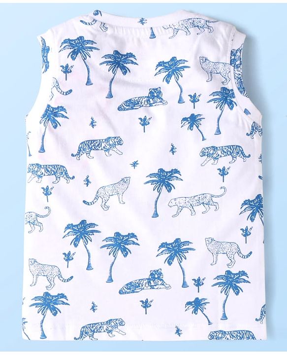 Babyhug Single Jersey Knit Sleeveless Tank T-Shirt & Shorts Set with Jungle Theme Print - White