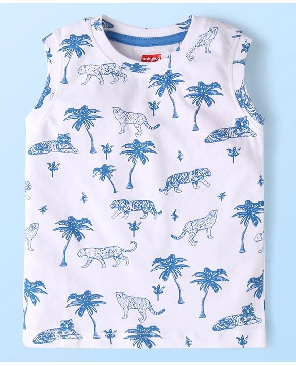 Babyhug Single Jersey Knit Sleeveless Tank T-Shirt & Shorts Set with Jungle Theme Print - White