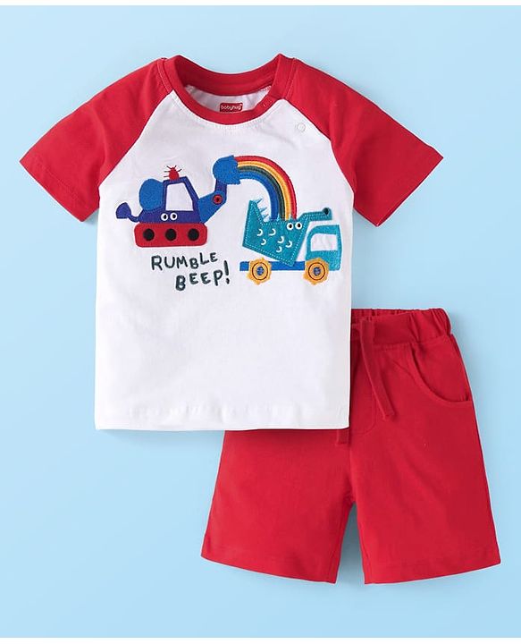 Babyhug Single Jersey Knit Half Raglan Sleeves T-Shirt & Shorts Set With Vehicle & Rainbow Embroidery - White & Red
