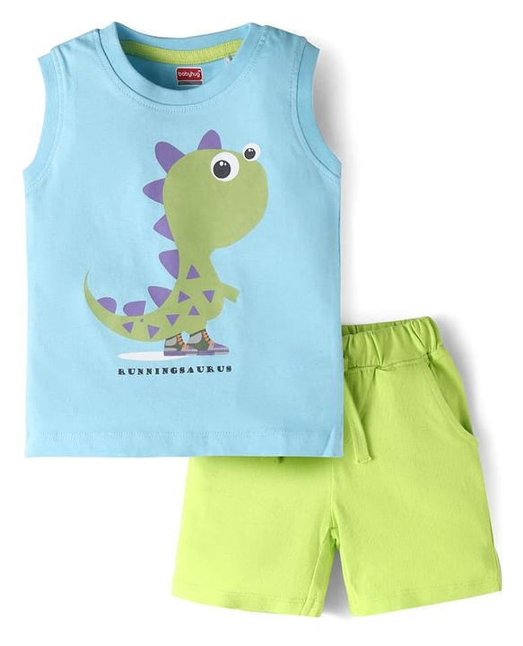 Babyhug Single Jersey Knit Sleeveless T-Shirt and Short Set with Dino Print- Light Blue & Green