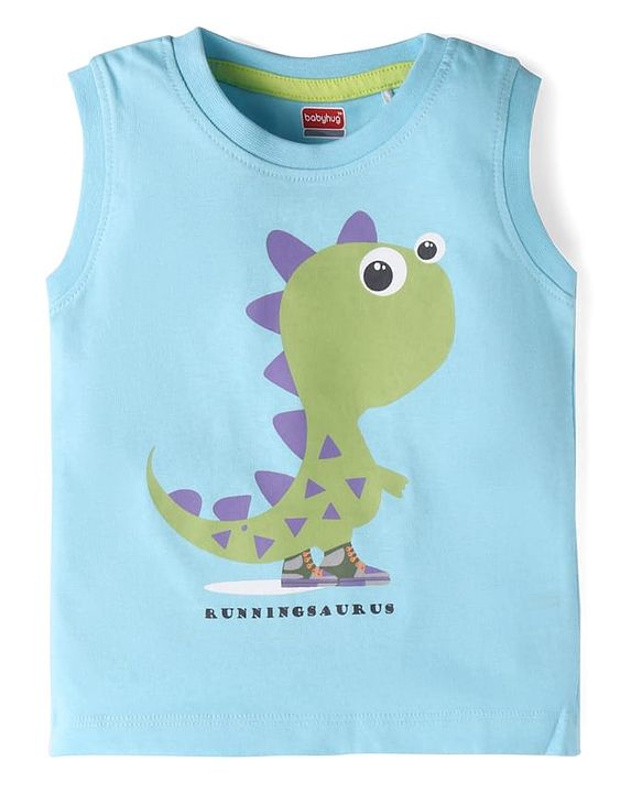Babyhug Single Jersey Knit Sleeveless T-Shirt and Short Set with Dino Print- Light Blue & Green