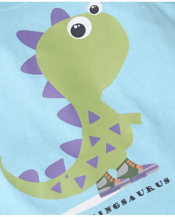 Babyhug Single Jersey Knit Sleeveless T-Shirt and Short Set with Dino Print- Light Blue & Green