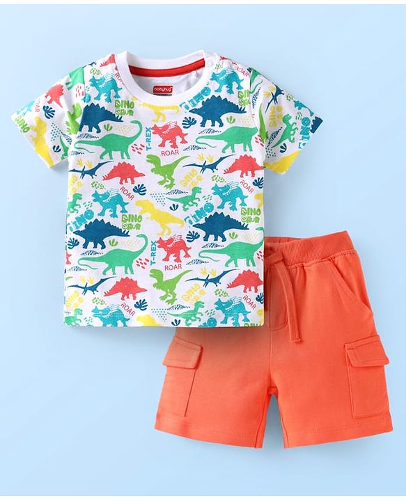 Babyhug Single Jersey Knit Half Sleeves T-Shirt & Shorts Set with Dino Print - White & Orange