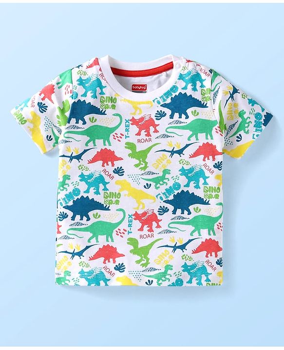 Babyhug Single Jersey Knit Half Sleeves T-Shirt & Shorts Set with Dino Print - White & Orange