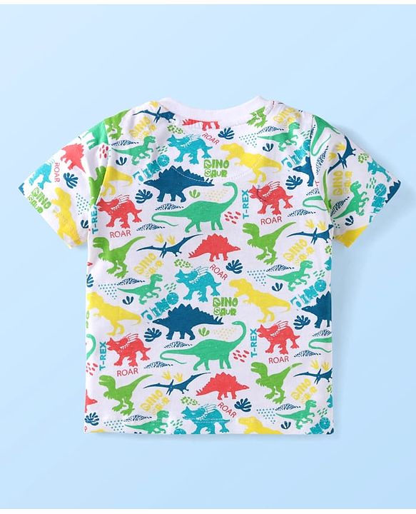 Babyhug Single Jersey Knit Half Sleeves T-Shirt & Shorts Set with Dino Print - White & Orange