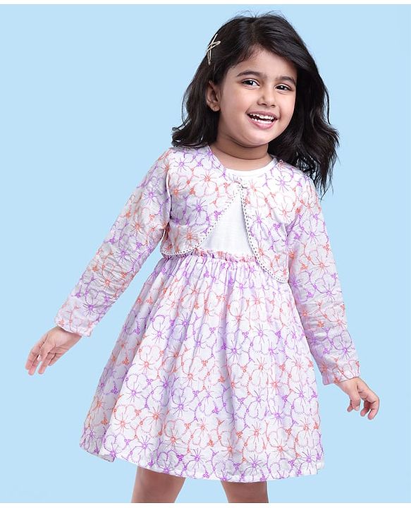 Babyhug Cotton Woven Frock & Full Sleeves Shrug With Floral Print - White