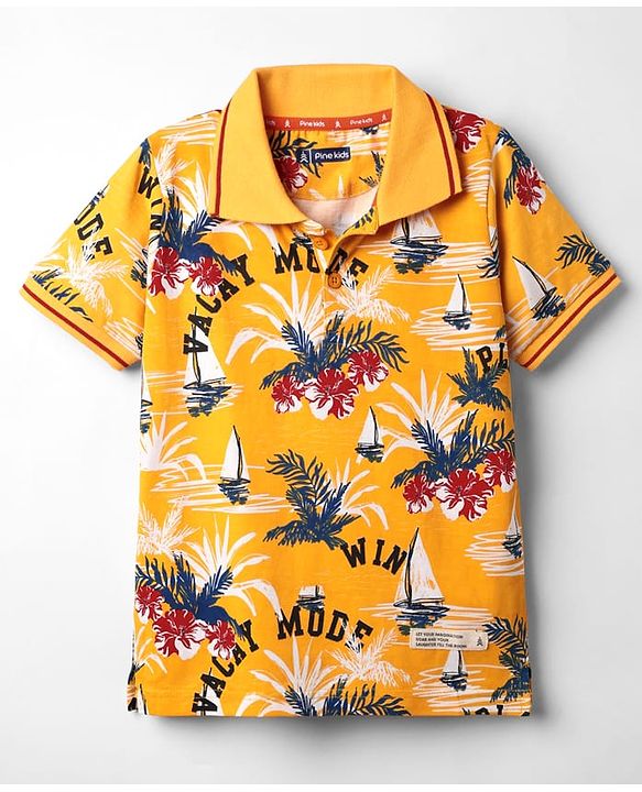 Pine Kids Cotton Knit Half Sleeves Polo T-Shirt With Beach Print - Yellow
