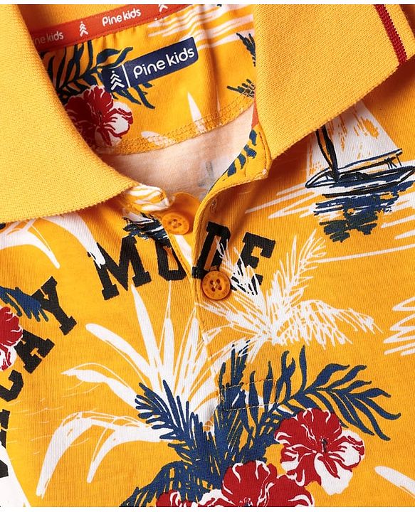 Pine Kids Cotton Knit Half Sleeves Polo T-Shirt With Beach Print - Yellow
