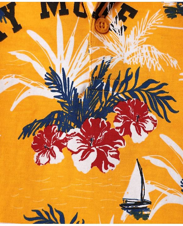 Pine Kids Cotton Knit Half Sleeves Polo T-Shirt With Beach Print - Yellow
