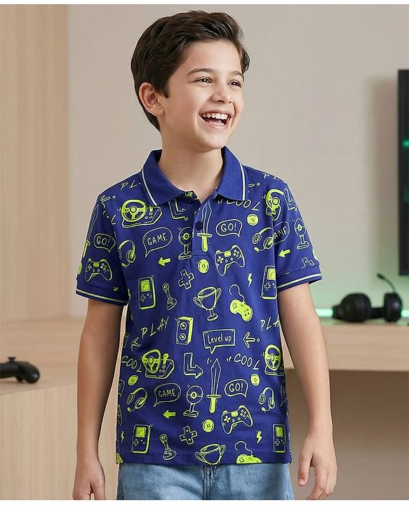 Pine Kids Cotton Knit Half Sleeves Printed Polo T-Shirt - Navy Blue