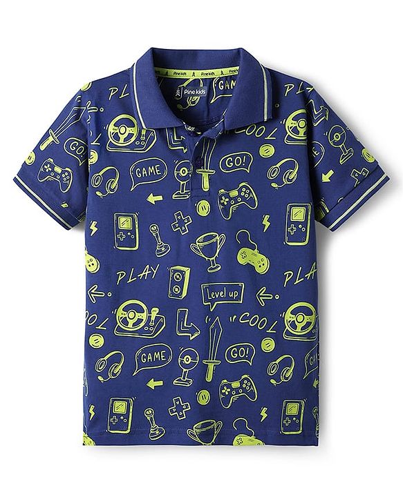Pine Kids Cotton Knit Half Sleeves Printed Polo T-Shirt - Navy Blue