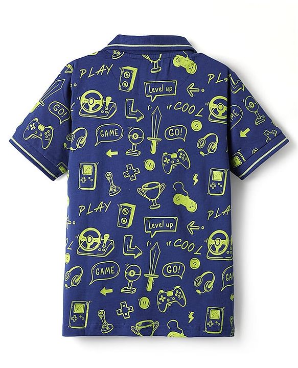 Pine Kids Cotton Knit Half Sleeves Printed Polo T-Shirt - Navy Blue
