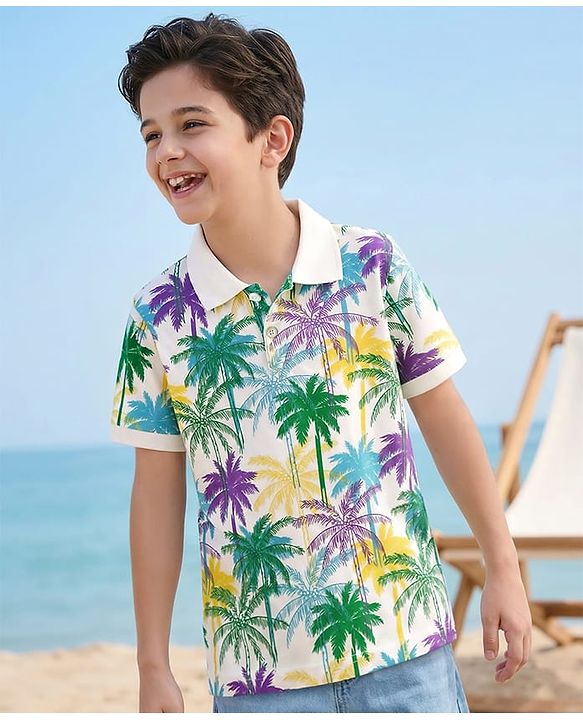 Pine Kids Cotton Knit Half Sleeves Polo T-Shirt with Coconut Tree Print - White
