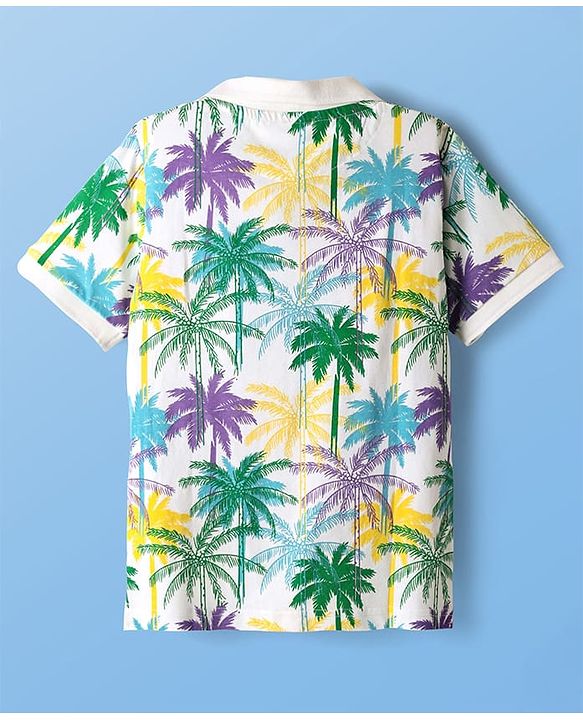 Pine Kids Cotton Knit Half Sleeves Polo T-Shirt with Coconut Tree Print - White